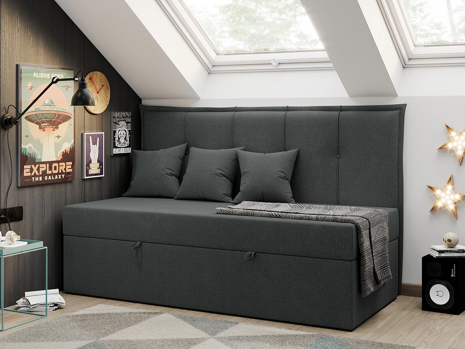 Kinderbett BANCO - Einzelbett für Jugendliche, Set mit Kopfteil und Matratze, Boxspringbett, Bettkasten - 90x200 cm - Dunkelgrau Strukture