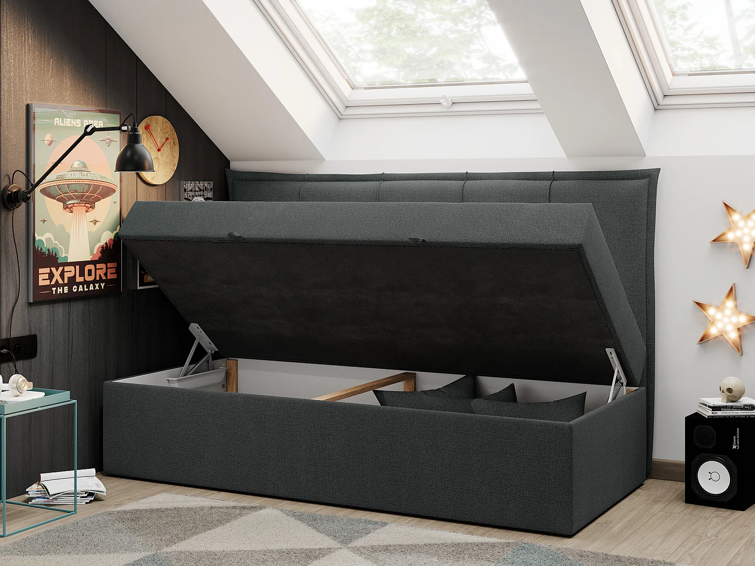 Kinderbett BANCO - Einzelbett für Jugendliche, Set mit Kopfteil und Matratze, Boxspringbett, Bettkasten - 90x200 cm - Dunkelgrau Strukture