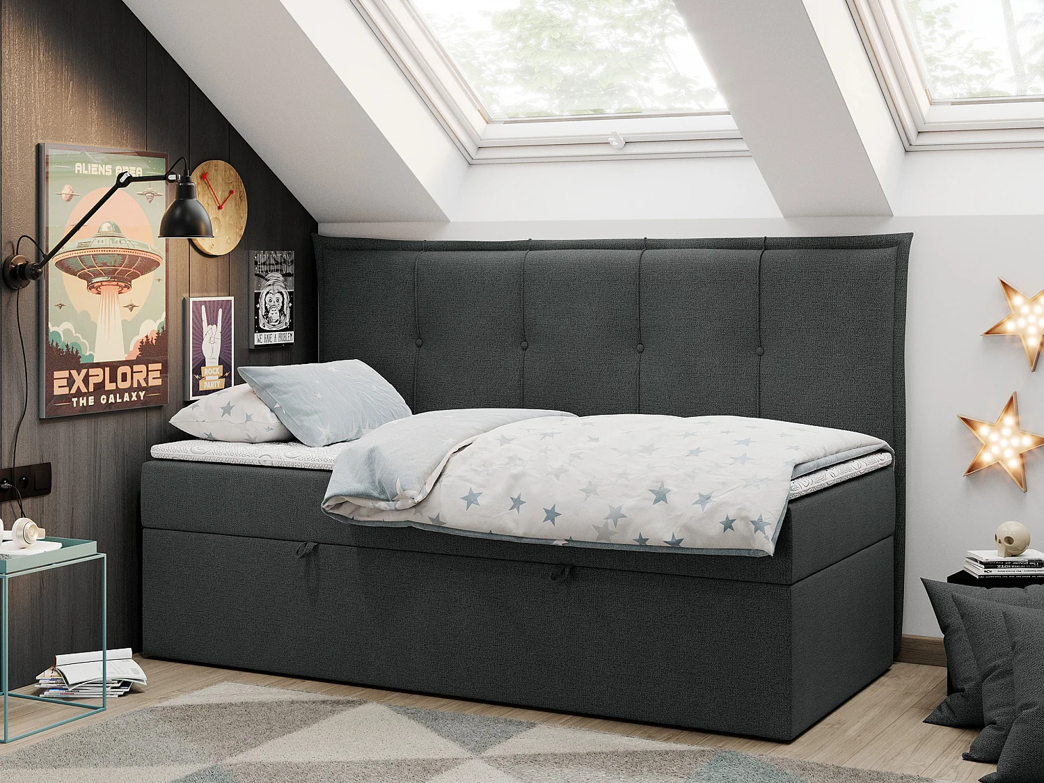 Kinderbett BANCO - Einzelbett für Jugendliche, Set mit Kopfteil und Matratze, Boxspringbett, Bettkasten - 90x200 cm - Dunkelgrau Strukture