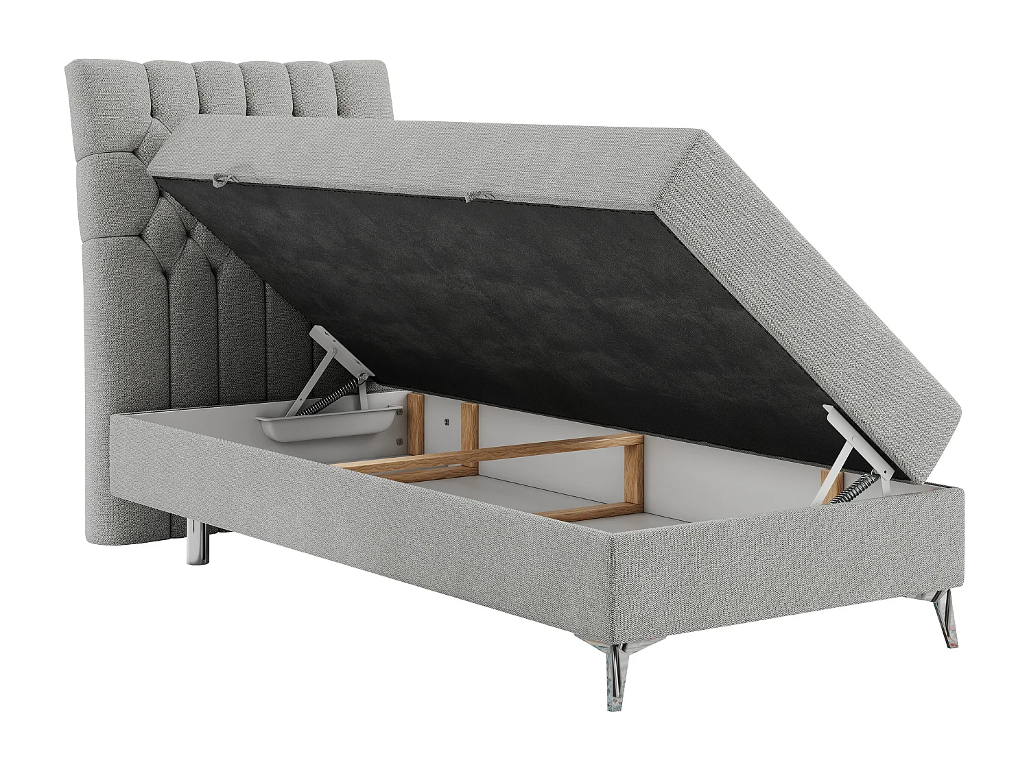Boxspringbett MILEN - Polsterbett auf Metallbeine, Set mit Multipocket-Matratze, Gesteppte Kopfstütze - 90x200 cm - H3 - Hellgrau Strukture - Links Seite