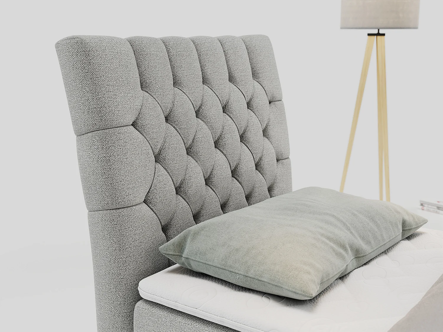 Boxspringbett MILEN - Polsterbett auf Metallbeine, Set mit Multipocket-Matratze, Gesteppte Kopfstütze - 90x200 cm - H3 - Hellgrau Strukture - Links Seite