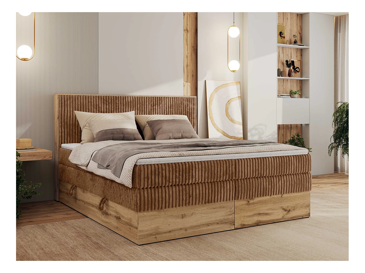 Boxspringbett WOOD CLASSIC KING - Polsterbett mit hohe Kopfteil, zwei Multipocket-Matratze, Bettkästen - 200x200 cm - H4 - Orange Cord