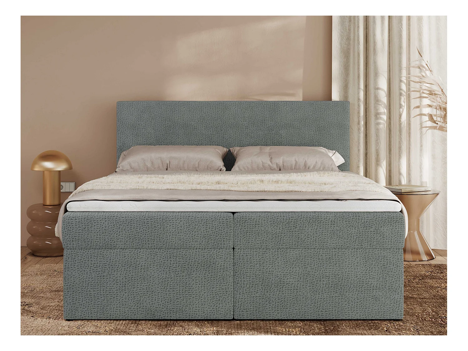 Boxspringbett JAGUAR - Doppelbett mit Multipocket-Matratze und Topper, Struktur dekostoff, zwei Bettkästen - 200x200 cm - H3 - Grau Struktur