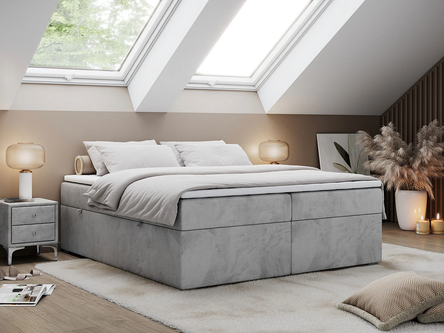 Boxspringbett BESS - Doppelbett mit Stauraum, Polsterbett, Multipocket-Matratzen und Topper - 120x200 cm - H3 - Hellgrau Velvet