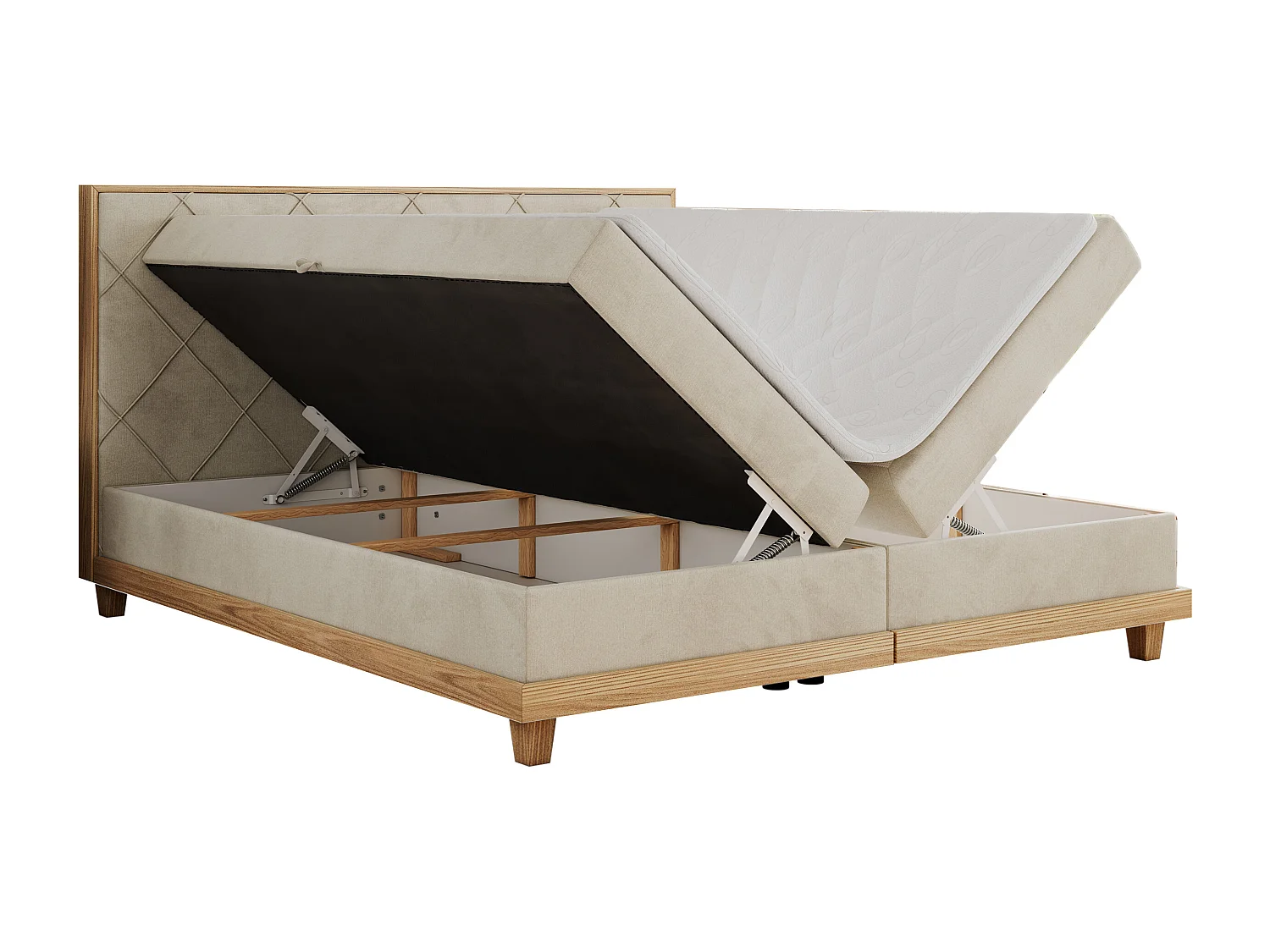 Boxspringbett CAICOS - mit gestepptem Kopfteil, Multipocket-Matratze und Topper, Holzelementen - 180x200 cm - H3 - Beige Velvet