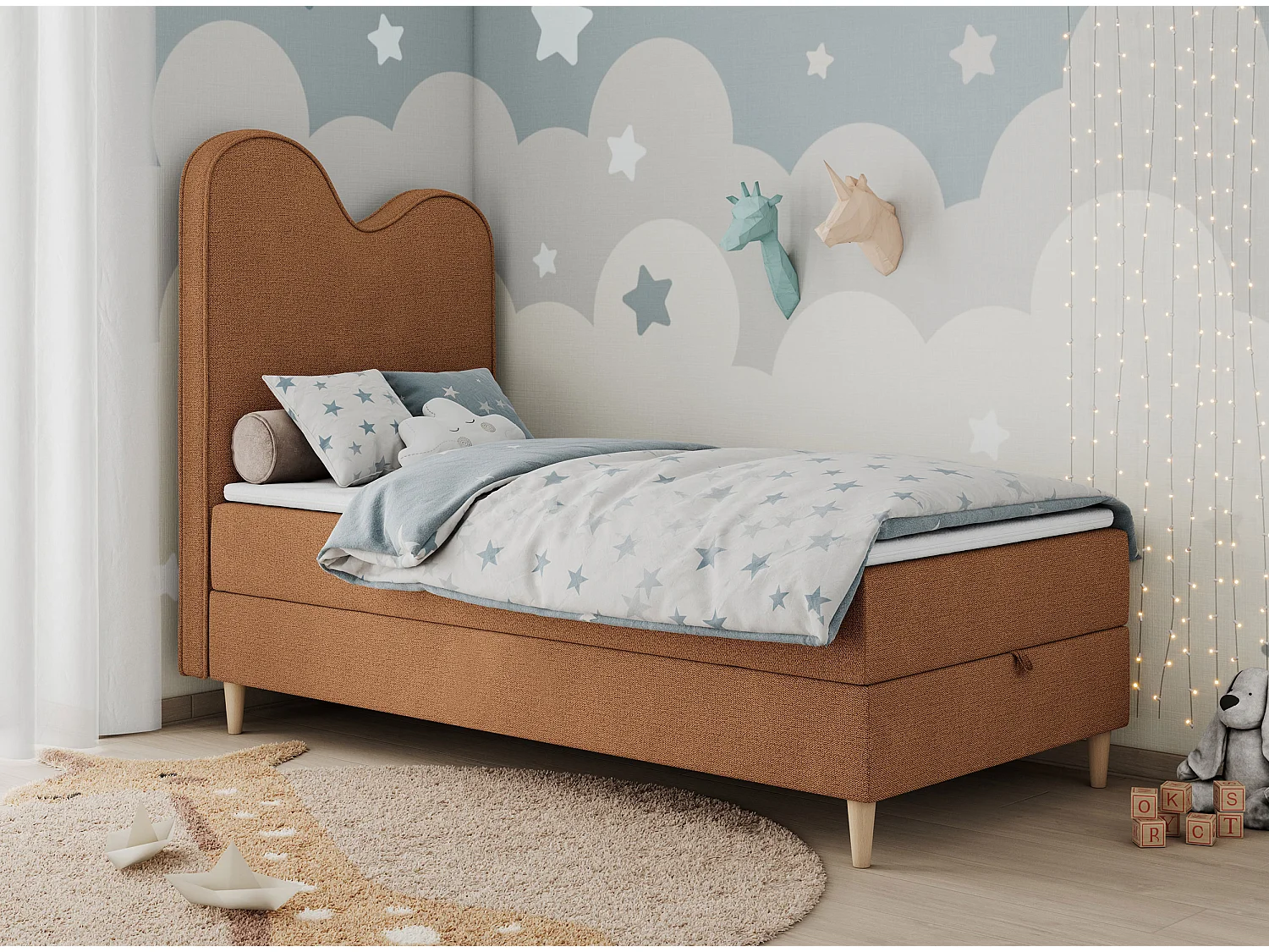 Kinderbett FLOW - Boxspringbett mit Stauraum, Einzelbett für Jugendliche, Bettkasten und hohe Kopfteil - 90x180 cm - Orange Strukture