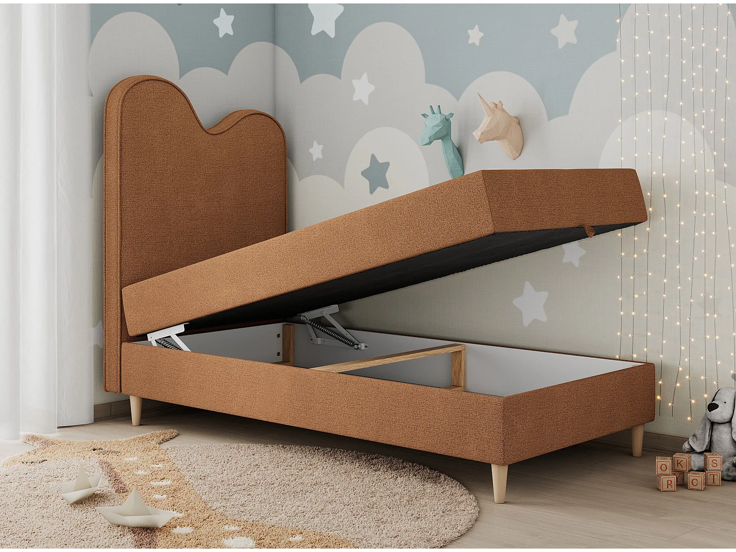 Kinderbett FLOW - Boxspringbett mit Stauraum, Einzelbett für Jugendliche, Bettkasten und hohe Kopfteil - 90x180 cm - Orange Strukture