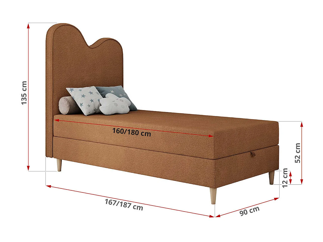 Kinderbett FLOW - Boxspringbett mit Stauraum, Einzelbett für Jugendliche, Bettkasten und hohe Kopfteil - 90x180 cm - Orange Strukture