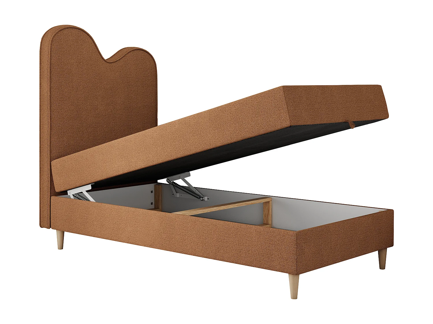 Kinderbett FLOW - Boxspringbett mit Stauraum, Einzelbett für Jugendliche, Bettkasten und hohe Kopfteil - 90x180 cm - Orange Strukture