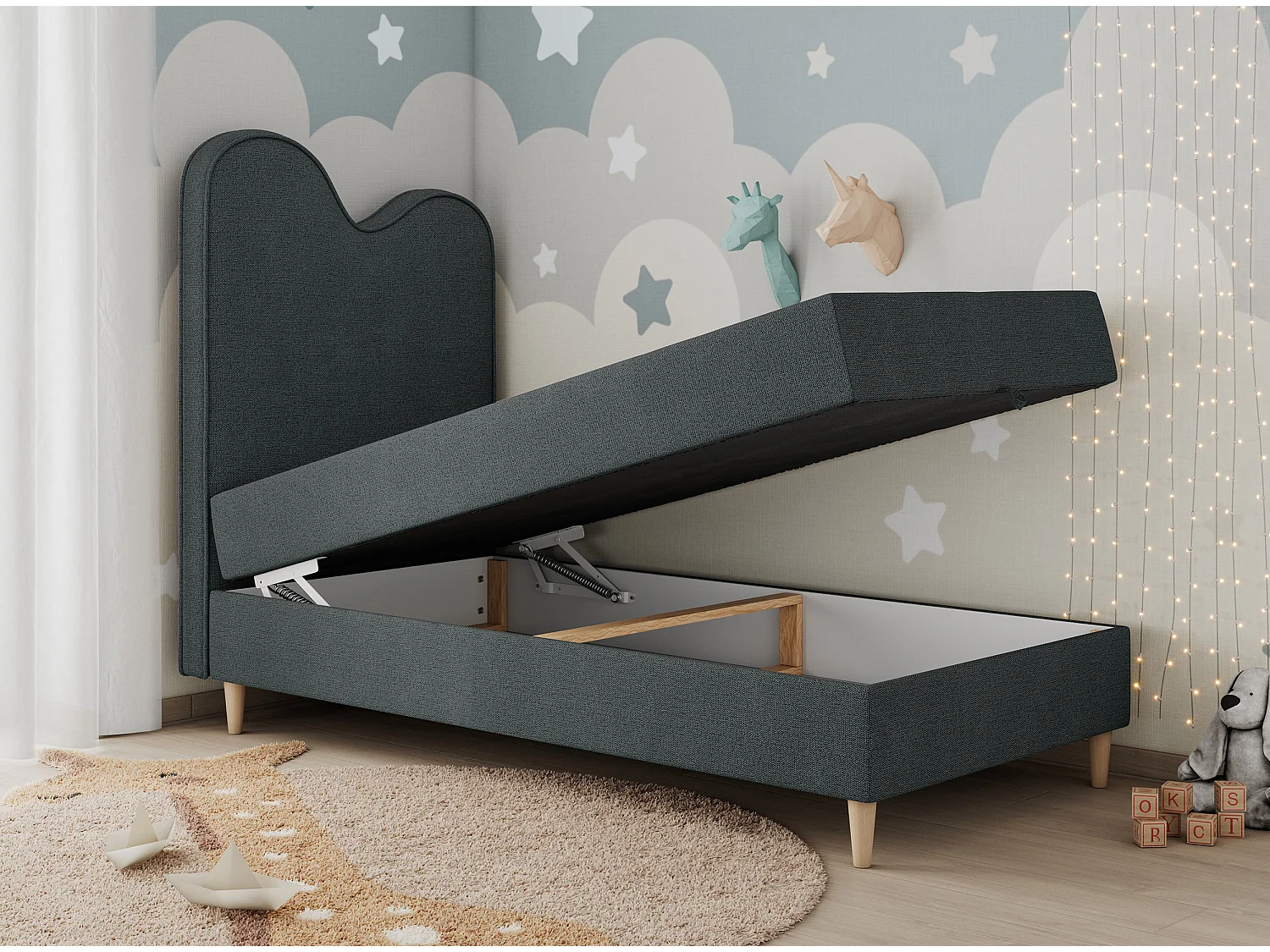 Kinderbett FLOW - Boxspringbett mit Stauraum, Einzelbett für Jugendliche, Bettkasten und hohe Kopfteil - 90x180 cm - Dunkelgrau Strukture