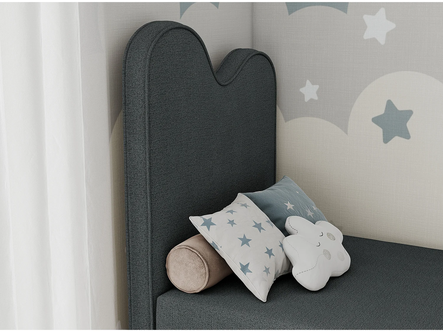 Kinderbett FLOW - Boxspringbett mit Stauraum, Einzelbett für Jugendliche, Bettkasten und hohe Kopfteil - 90x180 cm - Dunkelgrau Strukture