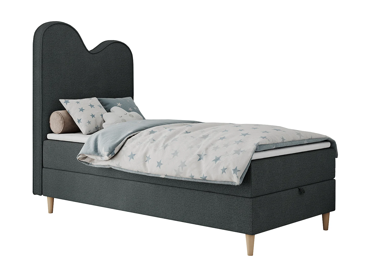 Kinderbett FLOW - Boxspringbett mit Stauraum, Einzelbett für Jugendliche, Bettkasten und hohe Kopfteil - 90x180 cm - Dunkelgrau Strukture