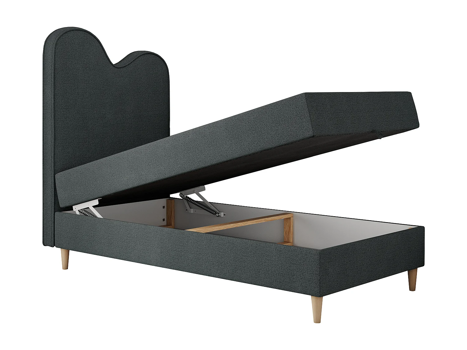 Kinderbett FLOW - Boxspringbett mit Stauraum, Einzelbett für Jugendliche, Bettkasten und hohe Kopfteil - 90x180 cm - Dunkelgrau Strukture