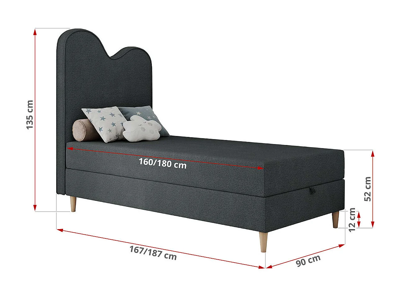 Kinderbett FLOW - Boxspringbett mit Stauraum, Einzelbett für Jugendliche, Bettkasten und hohe Kopfteil - 90x180 cm - Dunkelgrau Strukture