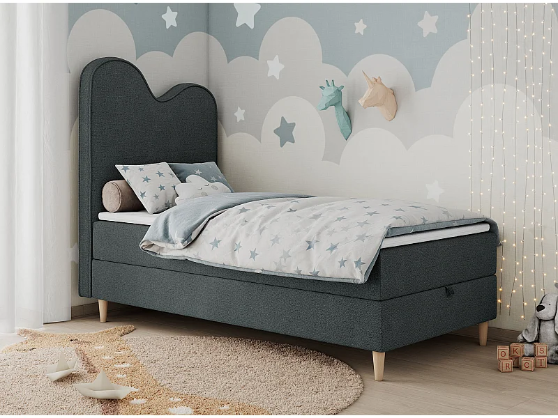 Kinderbett FLOW - Boxspringbett mit Stauraum, Einzelbett für Jugendliche, Bettkasten und hohe Kopfteil - 90x180 cm - Dunkelgrau Strukture