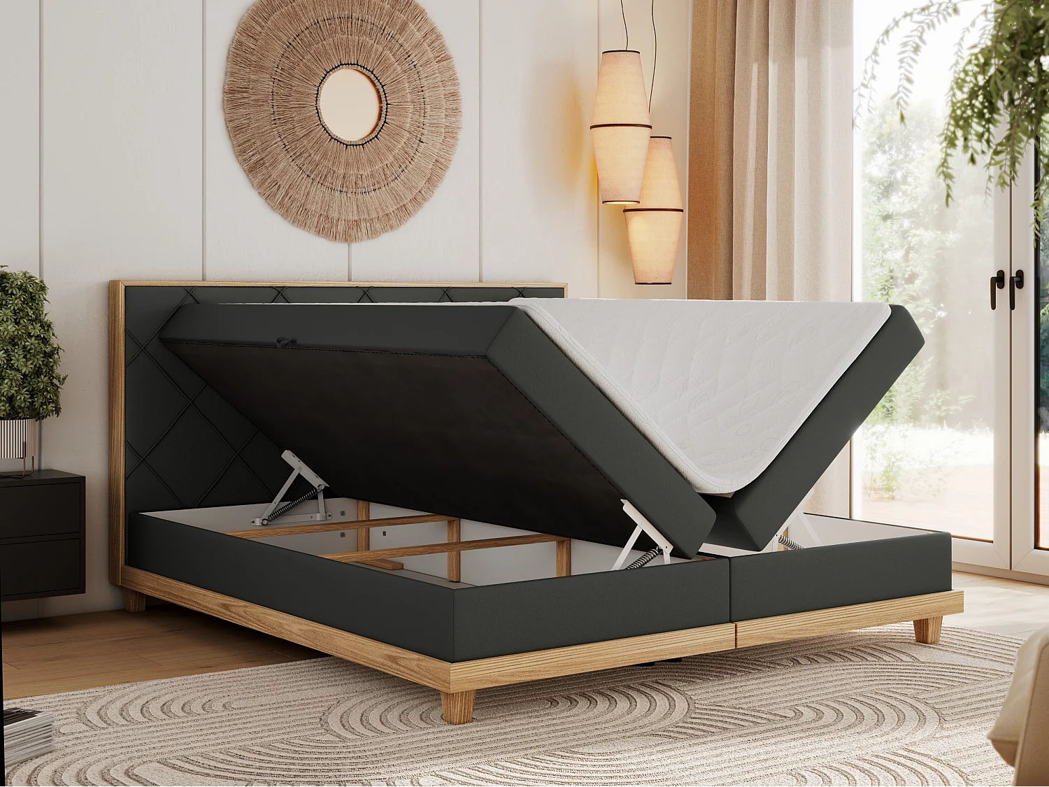 Boxspringbett CAICOS - mit gestepptem Kopfteil, Multipocket-Matratze und Topper, Holzelementen - 180x200 cm - H3 - Dunkelgrau Kunstleder