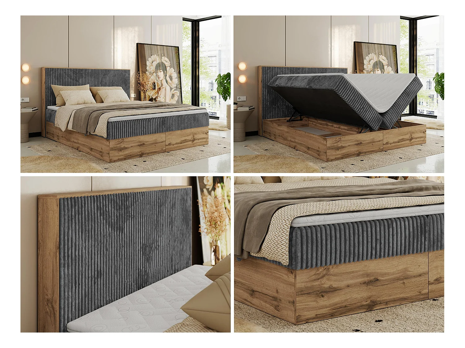 Boxspringbett WOOD CLASSIC - Doppelbett für Schlafzimmer, Set mit Multipocket-Matratze, Holzrahmen - 180x200 cm - H4 - Grau Cord