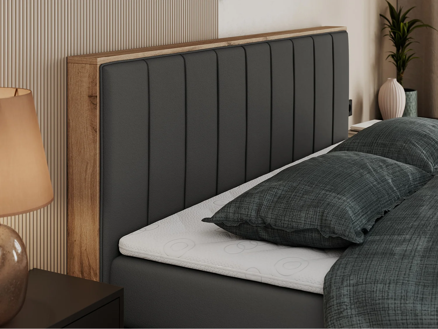 Boxspringbett BELLISSIMO KING - für Schlafzimmer, zwei Multipocket-Matratzen, Set mit Kopfteil und Topper, Holzrahmen - 180x200 cm - H4 - Dunkelgrau Kunstleder