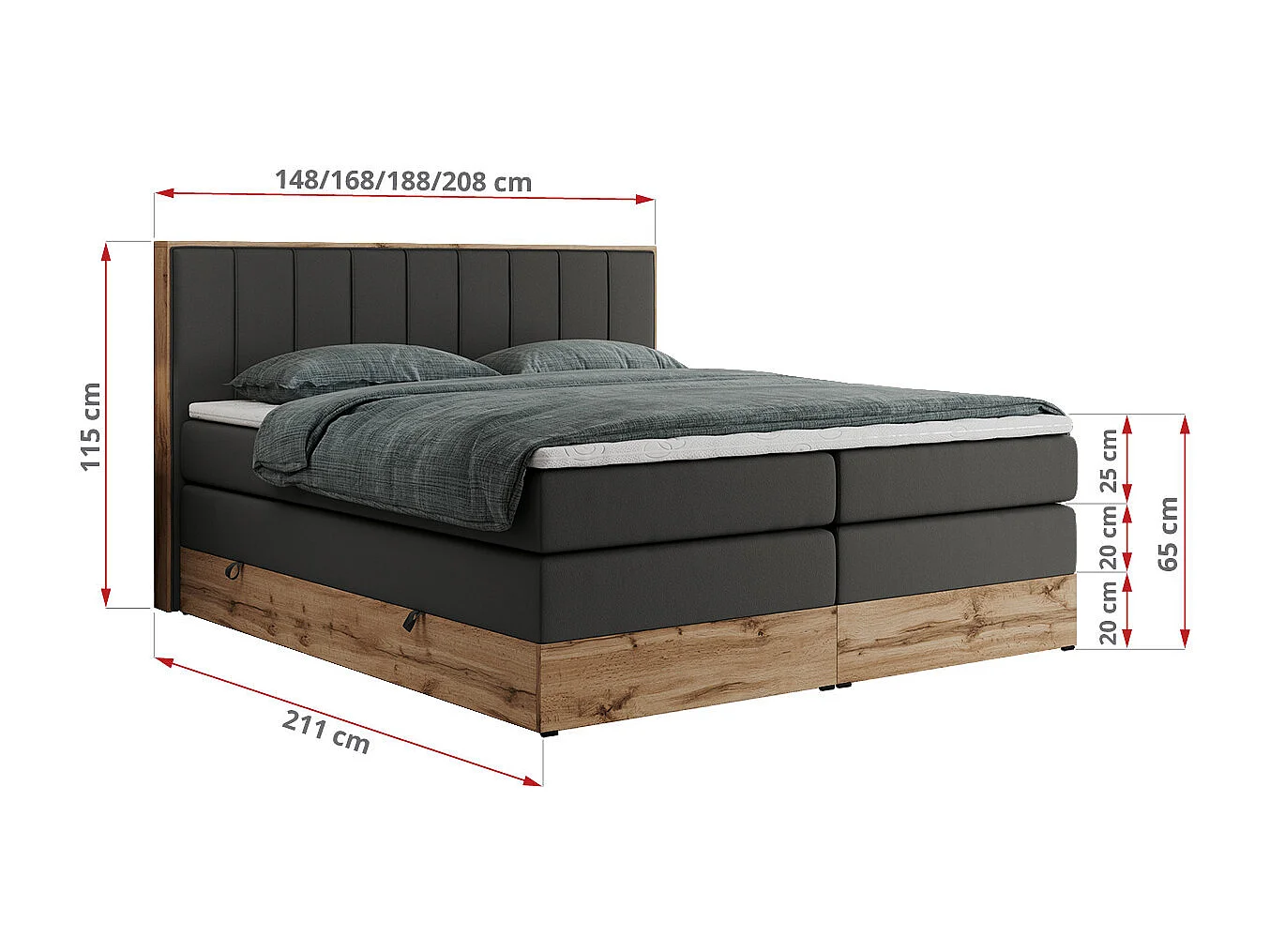 Boxspringbett BELLISSIMO KING - für Schlafzimmer, zwei Multipocket-Matratzen, Set mit Kopfteil und Topper, Holzrahmen - 180x200 cm - H4 - Dunkelgrau Kunstleder