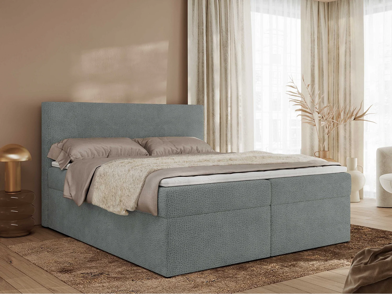 Boxspringbett JAGUAR - Doppelbett mit Multipocket-Matratze und Topper, Struktur dekostoff, zwei Bettkästen - 200x200 cm - H4 - Grau Struktur