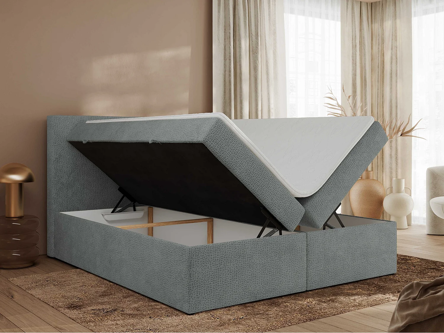 Boxspringbett JAGUAR - Doppelbett mit Multipocket-Matratze und Topper, Struktur dekostoff, zwei Bettkästen - 200x200 cm - H4 - Grau Struktur