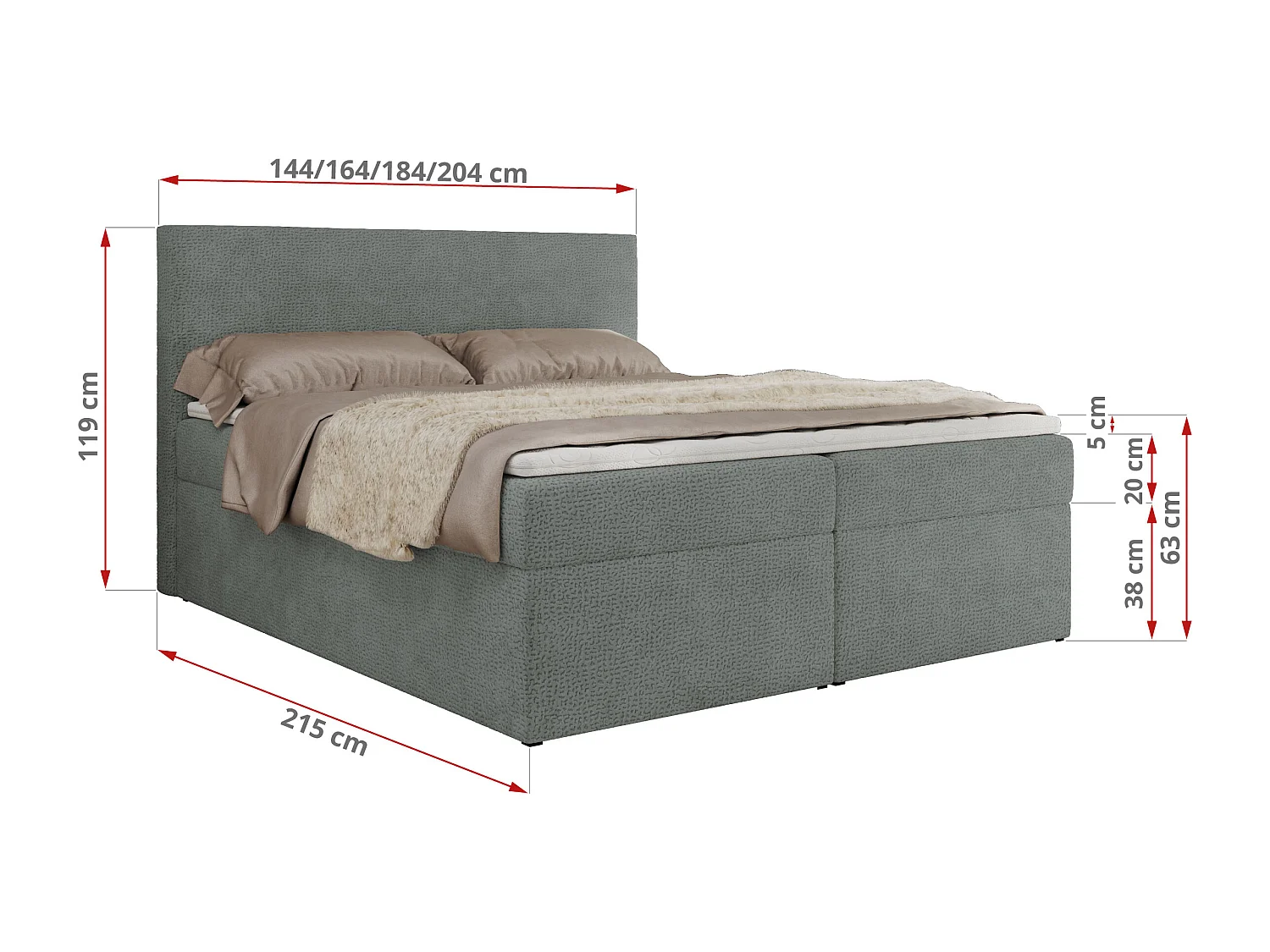 Boxspringbett JAGUAR - Doppelbett mit Multipocket-Matratze und Topper, Struktur dekostoff, zwei Bettkästen - 200x200 cm - H4 - Grau Struktur