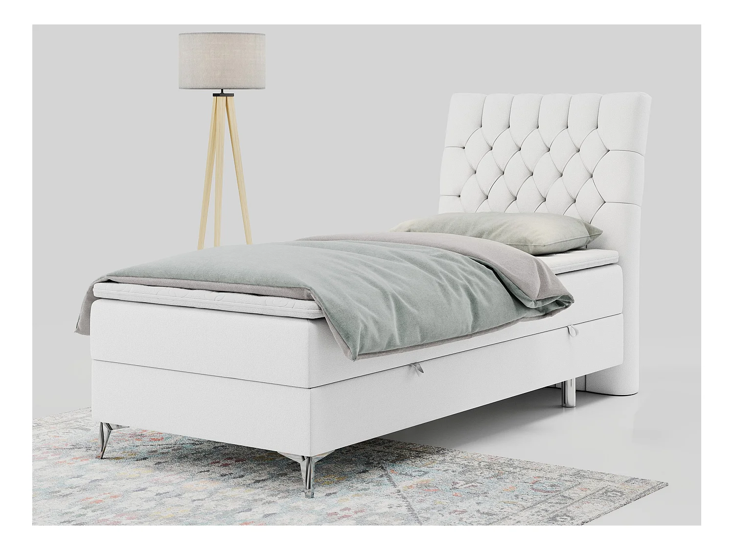 Boxspringbett MILEN - Polsterbett auf Metallbeine, Set mit Multipocket-Matratze, Gesteppte Kopfstütze - 90x200 cm - H4 - Weiß Kunstleder - Rechts Seite