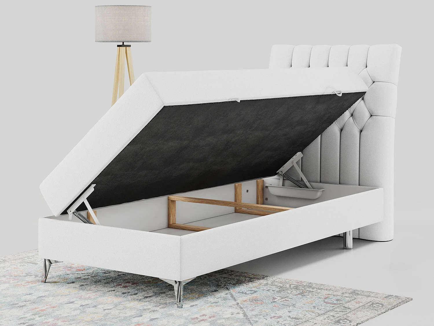 Boxspringbett MILEN - Polsterbett auf Metallbeine, Set mit Multipocket-Matratze, Gesteppte Kopfstütze - 90x200 cm - H4 - Weiß Kunstleder - Rechts Seite