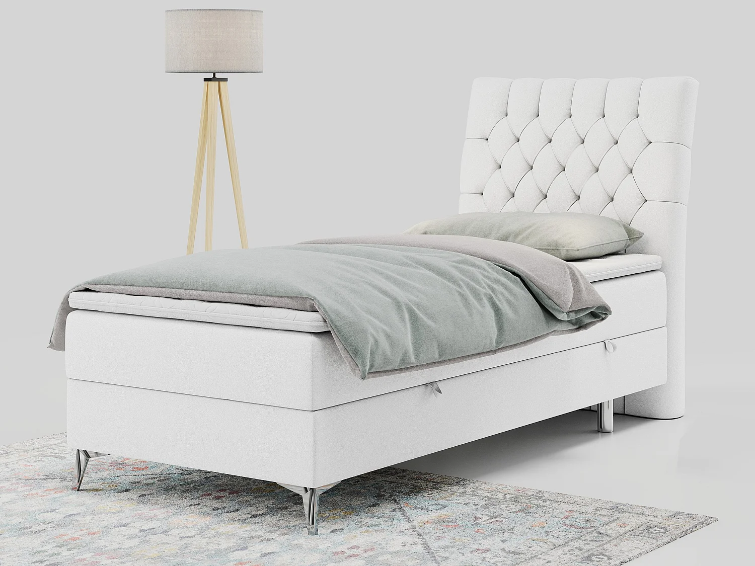 Boxspringbett MILEN - Polsterbett auf Metallbeine, Set mit Multipocket-Matratze, Gesteppte Kopfstütze - 90x200 cm - H4 - Weiß Kunstleder - Rechts Seite