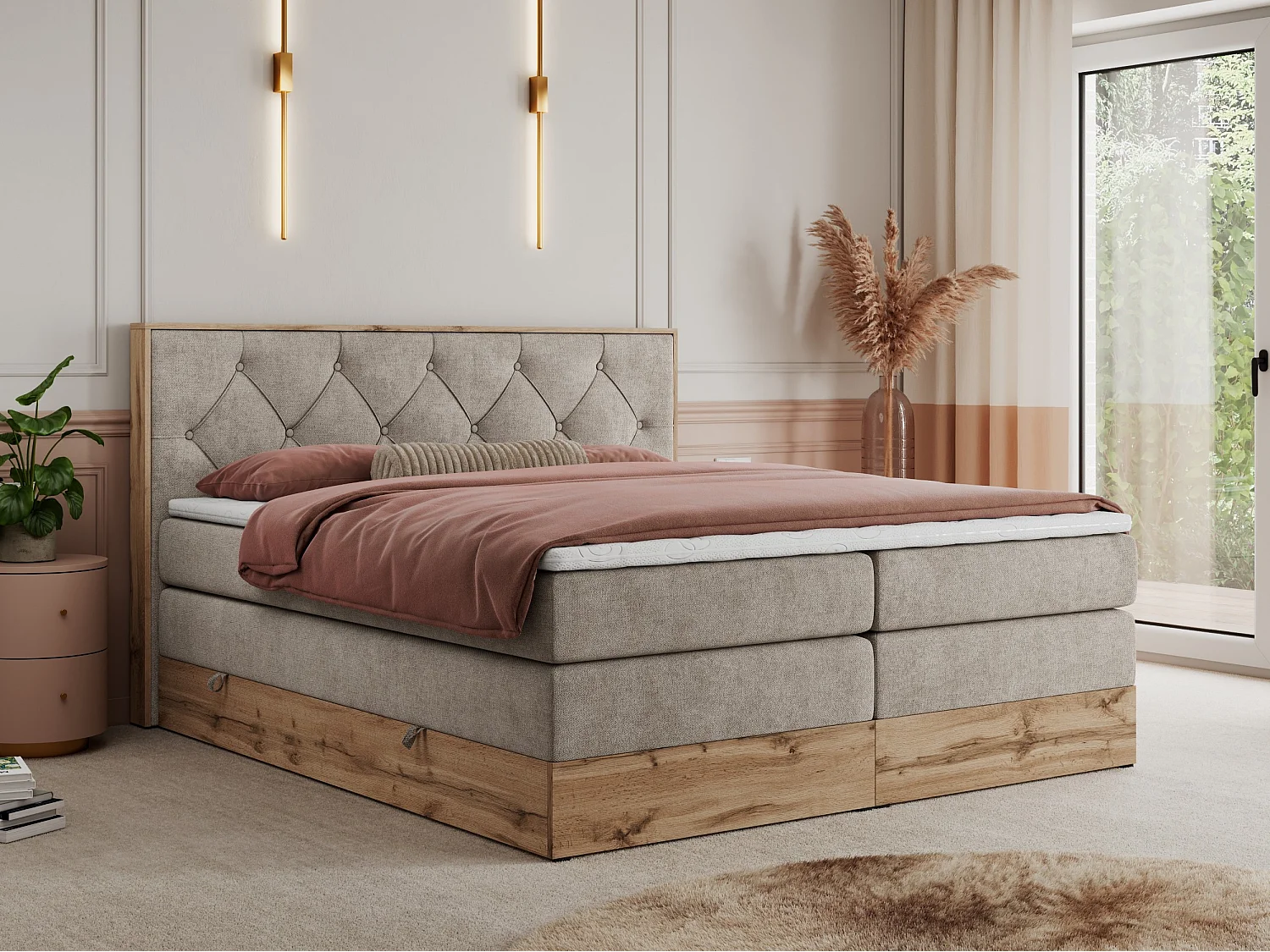 Boxspringbett VENETO KING - Polsterbett mit Multipocket-Matratzen und Kopfteil, Holzrahmen, zwei Bettkästen - 200x200 cm - H3 - Beige Strukture