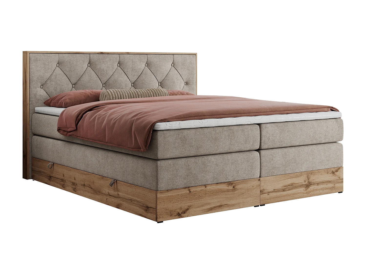 Boxspringbett VENETO KING - Polsterbett mit Multipocket-Matratzen und Kopfteil, Holzrahmen, zwei Bettkästen - 200x200 cm - H3 - Beige Strukture
