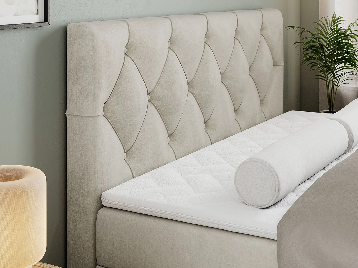 Boxspringbett ALDA - Doppelbett mit gestepptem Kopfteil, Multipocket-Matratze und Topper, zwei Bettkästen - 140x200 cm - H4 - Beige Velvet