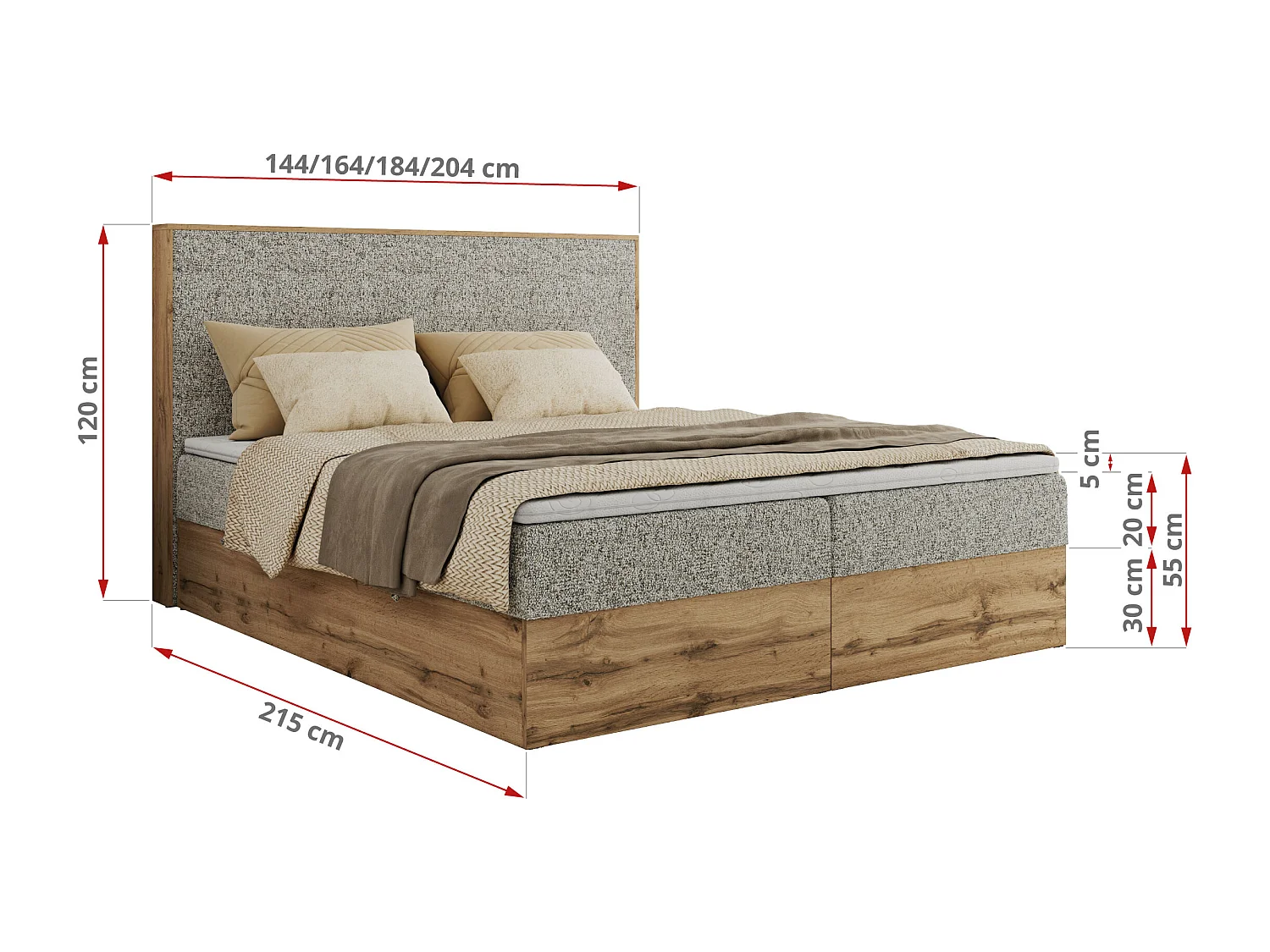 Boxspringbett WOOD CLASSIC - Doppelbett für Schlafzimmer, Set mit Multipocket-Matratze, Holzrahmen - 180x200 cm - H4 - Beige Strukture