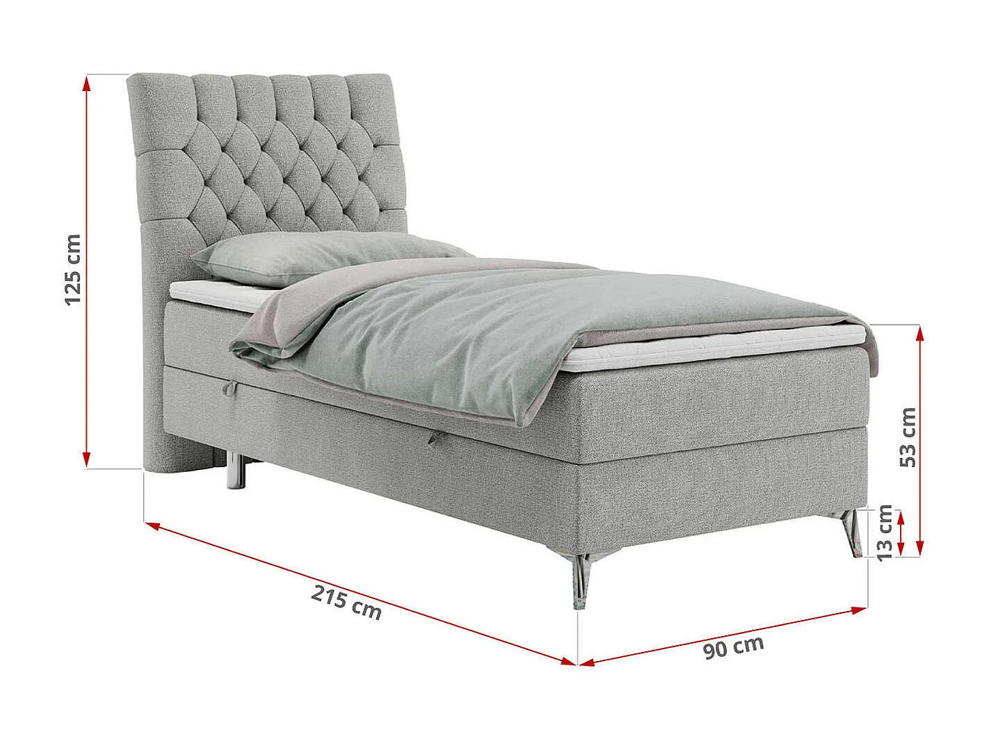 Boxspringbett MILEN - Polsterbett auf Metallbeine, Set mit Multipocket-Matratze, Gesteppte Kopfstütze - 90x200 cm - H3 - Hellgrau Strukture - Rechts Seite