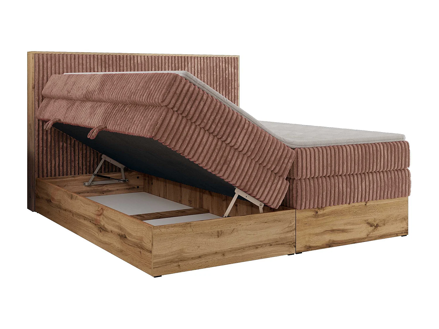 Boxspringbett WOOD CLASSIC KING - Polsterbett mit hohe Kopfteil, zwei Multipocket-Matratze, Bettkästen - 200x200 cm - H4 - Rosa Cord