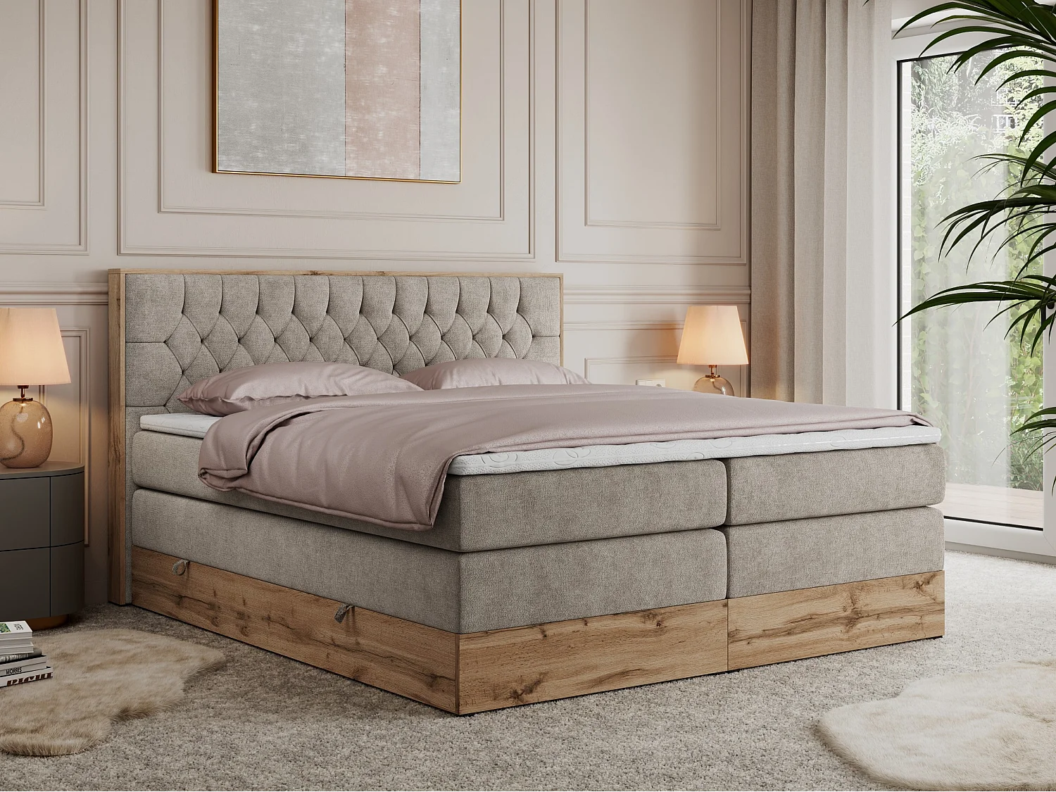 Boxspringbett AMORE KING - gesteppte Kopfstütze, Polsterbett mit zwei Multipocket-Matratzen, Holzrahmen - 180x200 cm - H3 - Beige Strukture