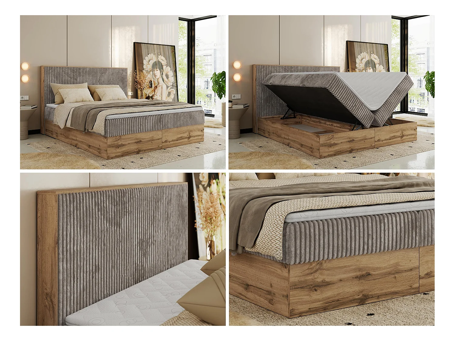 Boxspringbett WOOD CLASSIC - Doppelbett für Schlafzimmer, Set mit Multipocket-Matratze, Holzrahmen - 160x200 cm - H3 - Hellbraun Cord