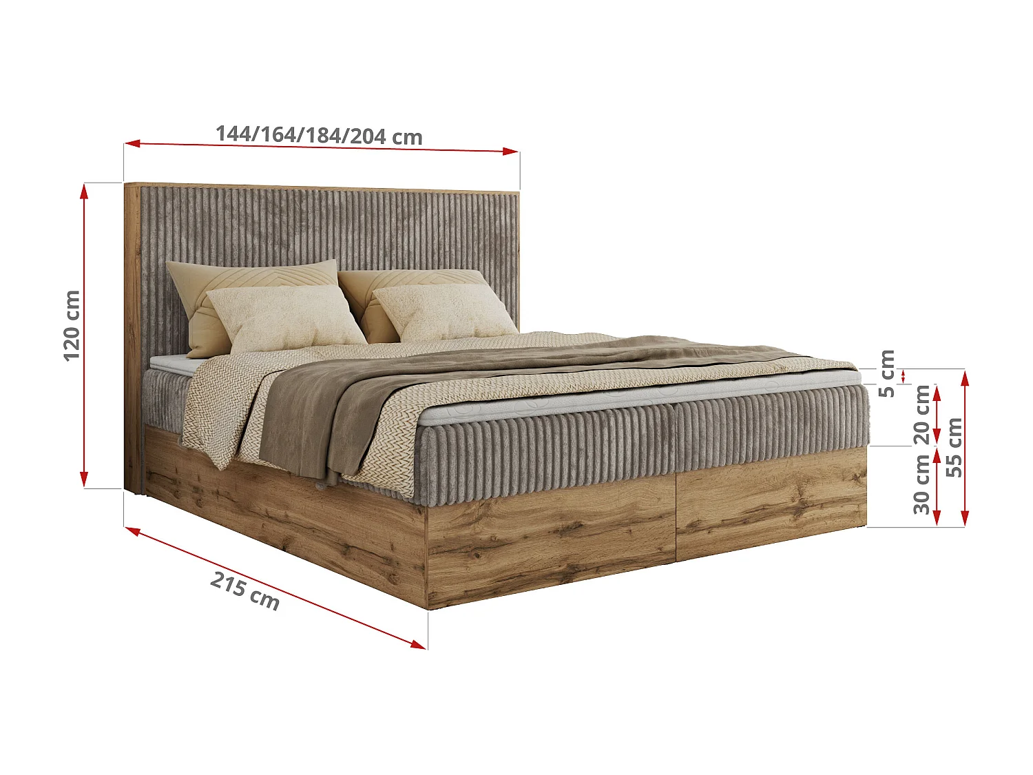 Boxspringbett WOOD CLASSIC - Doppelbett für Schlafzimmer, Set mit Multipocket-Matratze, Holzrahmen - 160x200 cm - H3 - Hellbraun Cord
