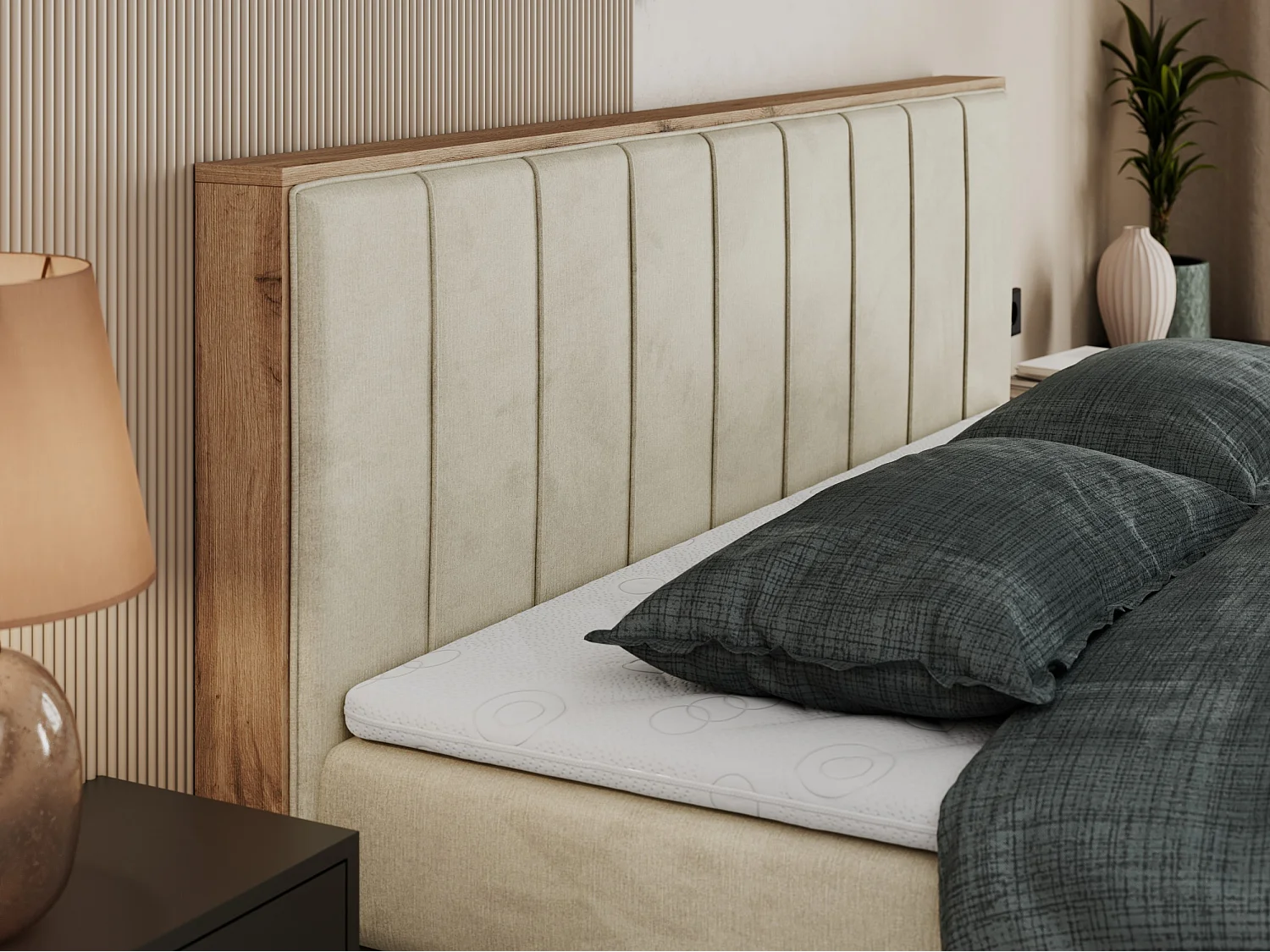 Boxspringbett BELLISSIMO KING - für Schlafzimmer, zwei Multipocket-Matratzen, Set mit Kopfteil und Topper, Holzrahmen - 180x200 cm - H3 - Beige Velvet