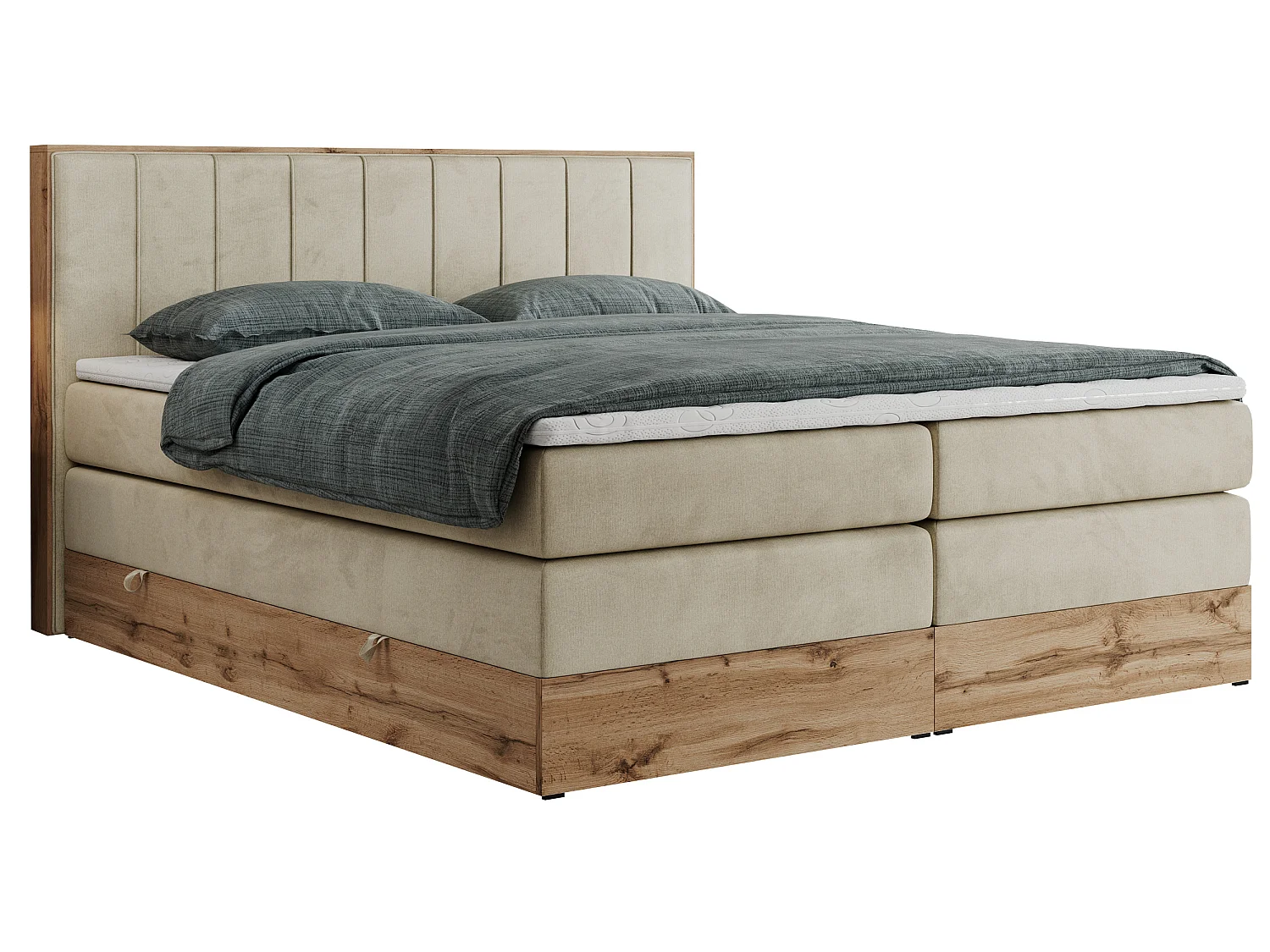 Boxspringbed met hoofdbord H3 + Topper T25 - Beige Fluweel - 180x200 - BELLISSIMO KING
