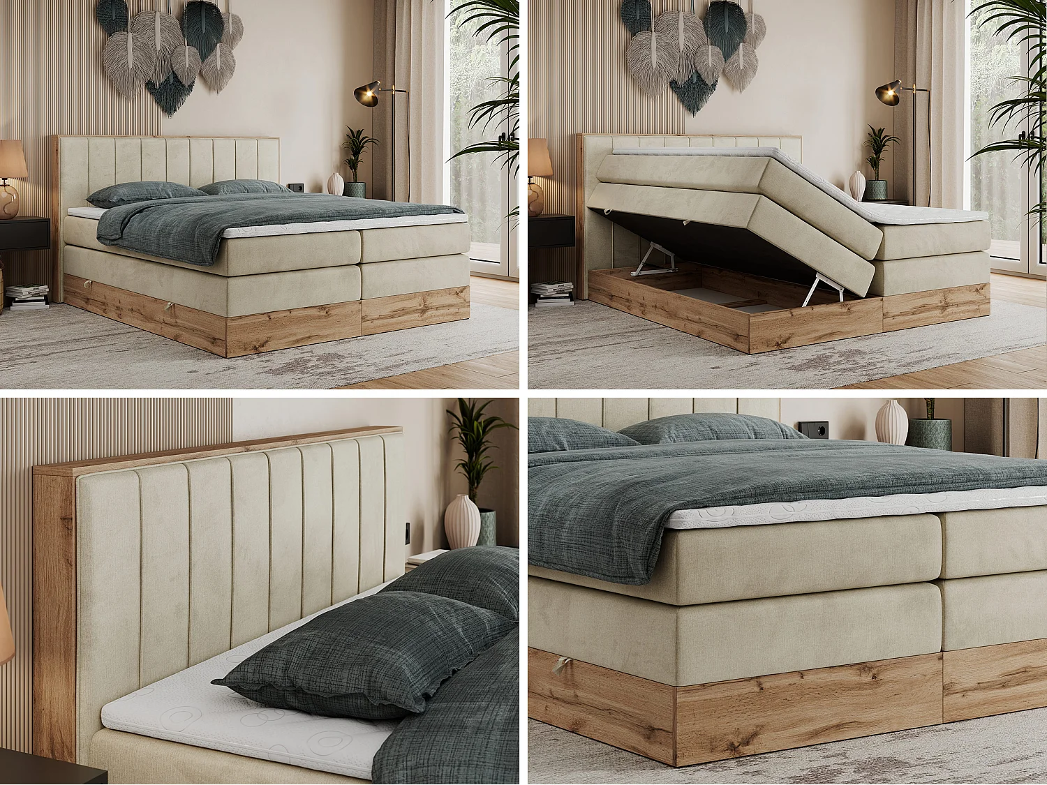 Boxspringbed met hoofdbord H3 + Topper T25 - Beige Fluweel - 180x200 - BELLISSIMO KING