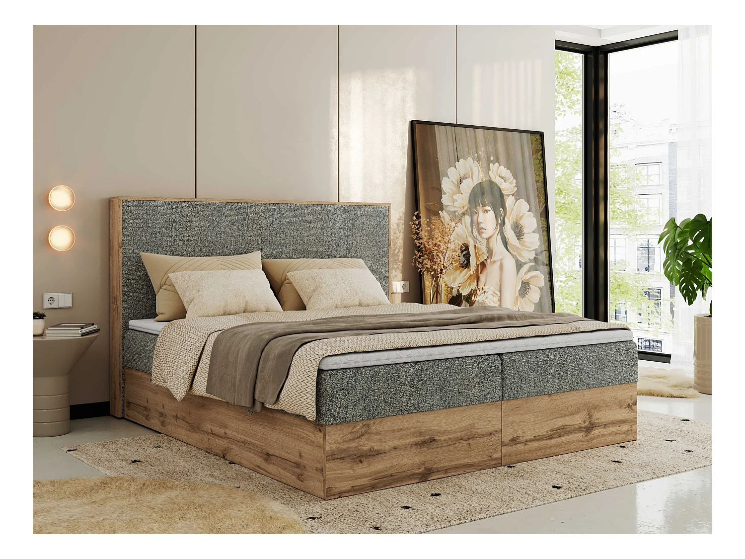 Boxspringbett WOOD CLASSIC - Doppelbett für Schlafzimmer, Set mit Multipocket-Matratze, Holzrahmen - 180x200 cm - H4 - Grau Strukture
