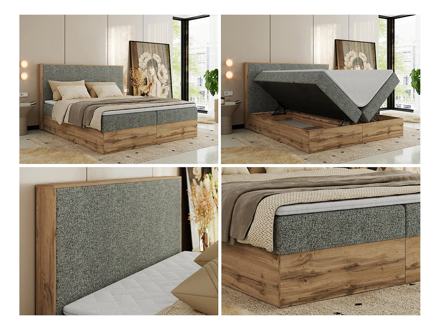 Boxspringbett WOOD CLASSIC - Doppelbett für Schlafzimmer, Set mit Multipocket-Matratze, Holzrahmen - 180x200 cm - H4 - Grau Strukture