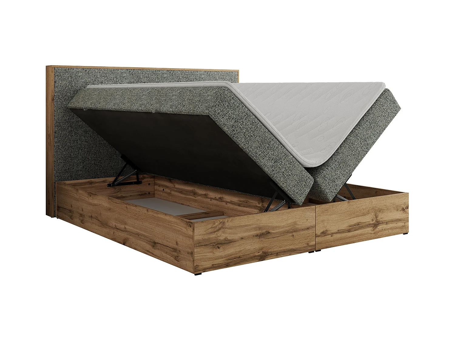 Boxspringbett WOOD CLASSIC - Doppelbett für Schlafzimmer, Set mit Multipocket-Matratze, Holzrahmen - 180x200 cm - H4 - Grau Strukture