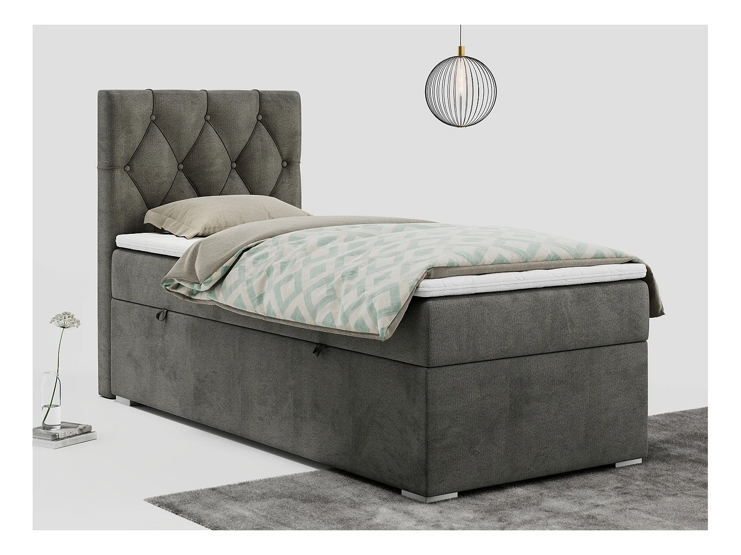 Boxspringbett ALDA - Einzelbett mit gestepptem Kopfteil, Multipocket-Matratze und Topper, Bettkasten - 90x200 cm - H3 - Dunkelgrau Velvet - Links Seite