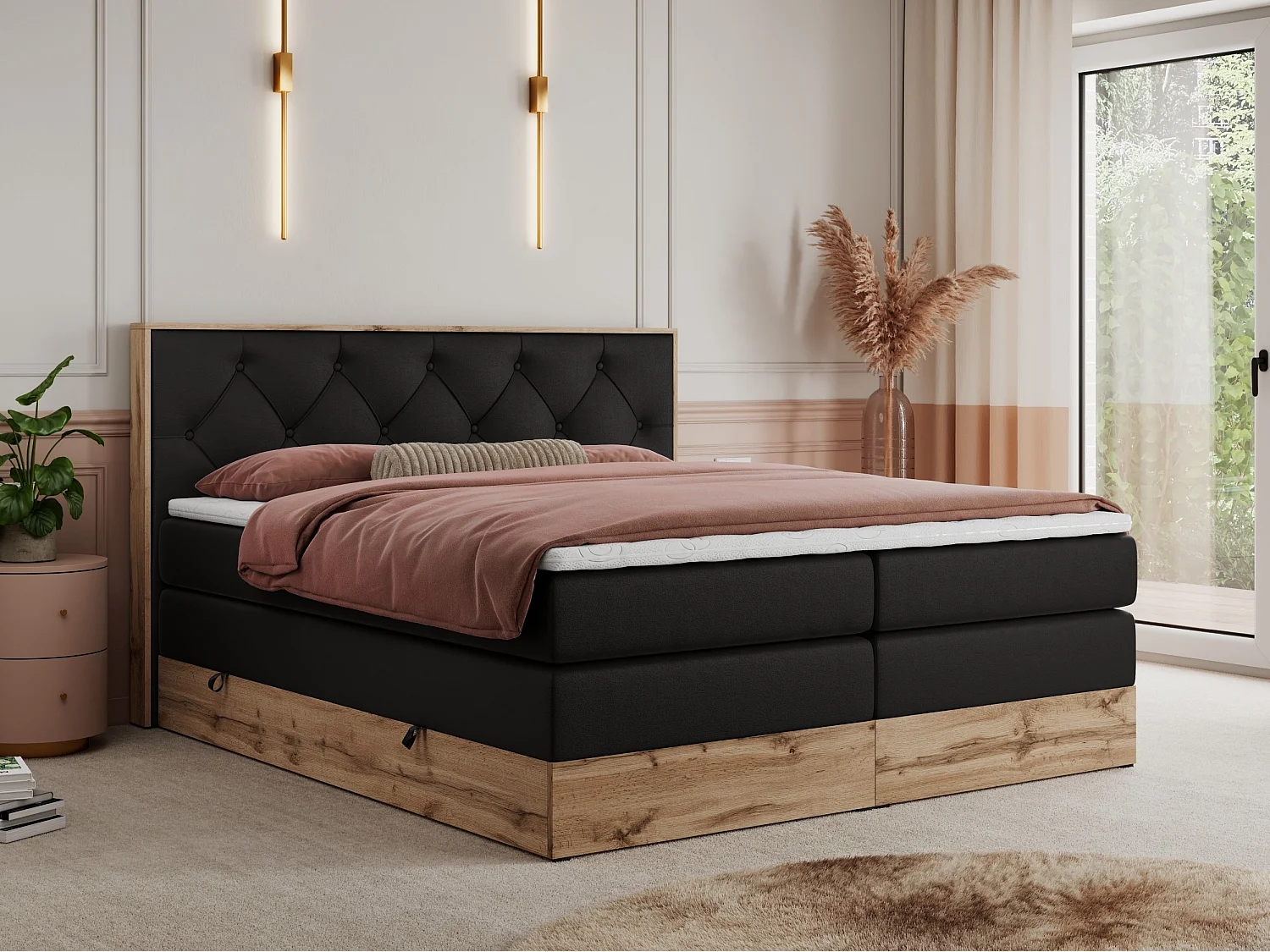 Boxspringbett VENETO KING - Polsterbett mit Multipocket-Matratzen und Kopfteil, Holzrahmen, zwei Bettkästen - 140x200 cm - H3 - Schwarz Kunstleder