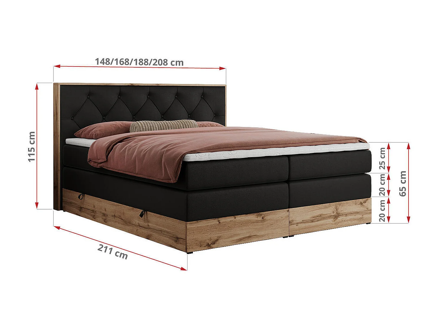 Boxspringbett VENETO KING - Polsterbett mit Multipocket-Matratzen und Kopfteil, Holzrahmen, zwei Bettkästen - 140x200 cm - H3 - Schwarz Kunstleder
