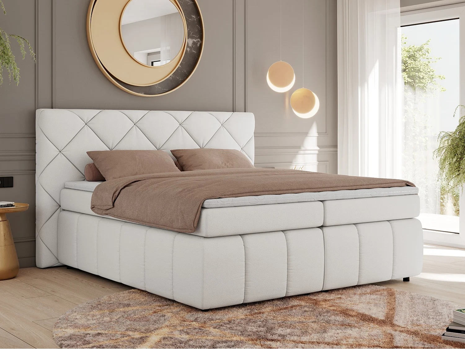 Boxspringbett RITA - Set mit Kopfteil, Multipocket-Matratze und Topper, Doppelbett für Schlafzimmer - 160x200 cm - H3 - Weiß Kunstleder