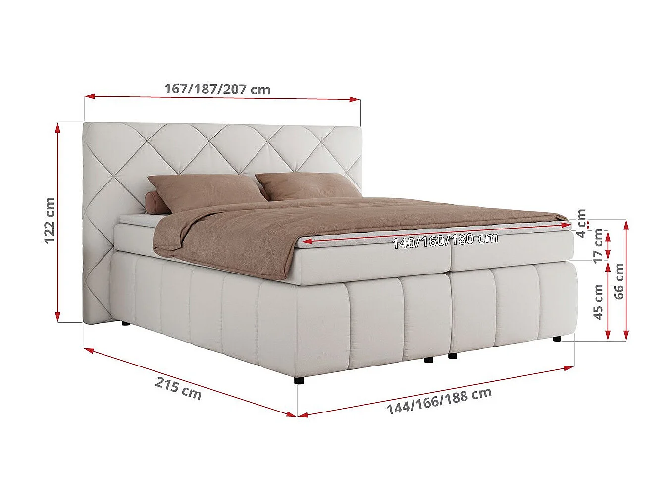 Boxspringbett RITA - Set mit Kopfteil, Multipocket-Matratze und Topper, Doppelbett für Schlafzimmer - 160x200 cm - H3 - Weiß Kunstleder