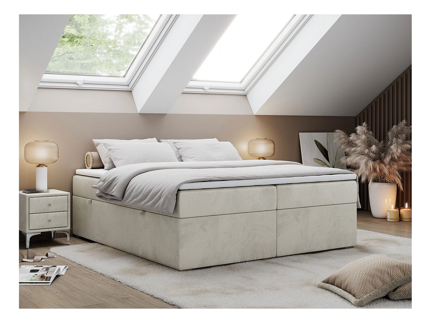 Boxspringbett BESS - Doppelbett mit Stauraum, Polsterbett, Multipocket-Matratzen und Topper - 140x200 cm - H4 - Beige Velvet